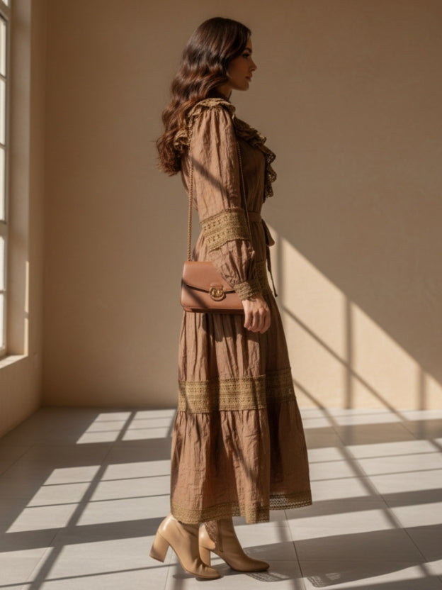 Elegant Lace Collar Tiered Midi Dress