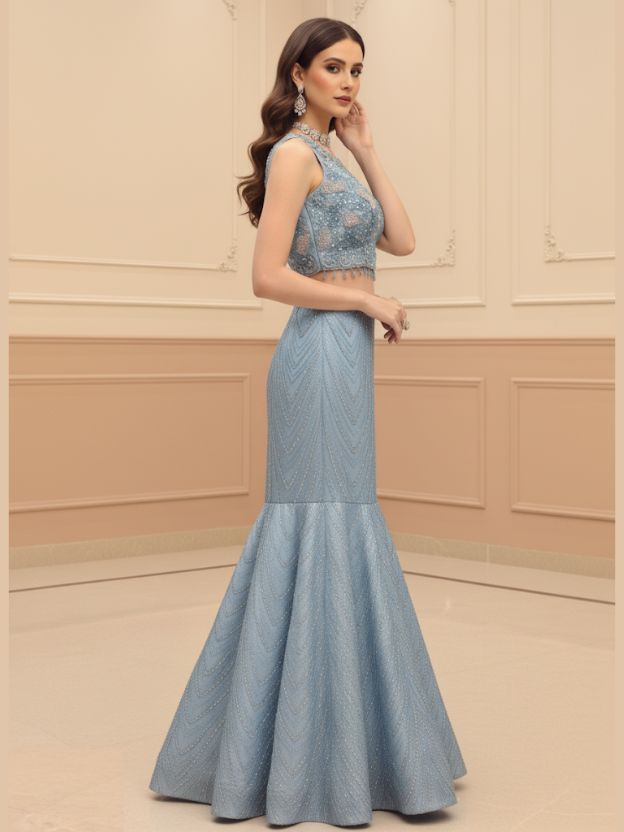 Stunning Sky blue mermaid Lehnga with Jacket set