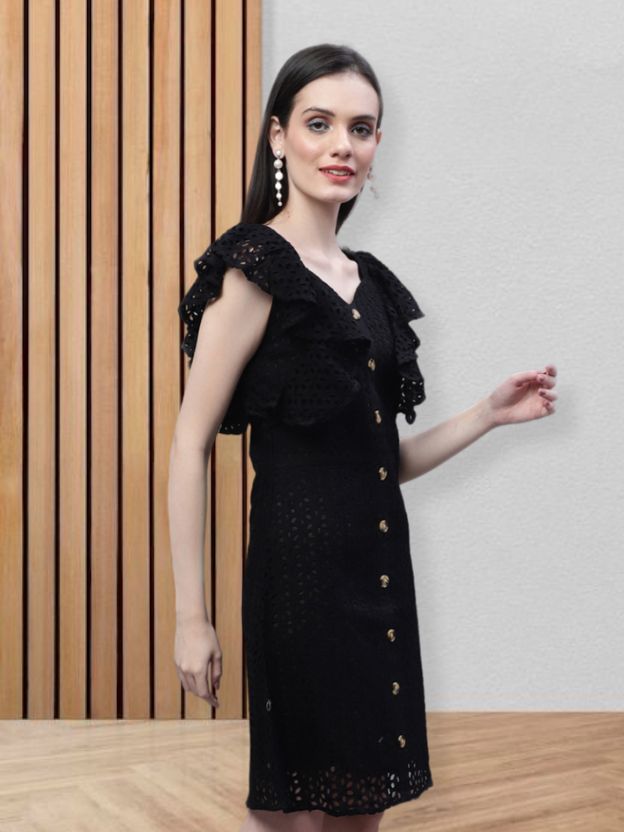 Embroidered Flutter Sleeve A-Line Cotton Dress