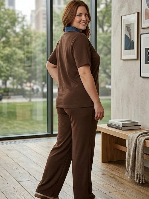 Chic Polo Collar Co-Ord Lounge Set with Wide-Leg Pants