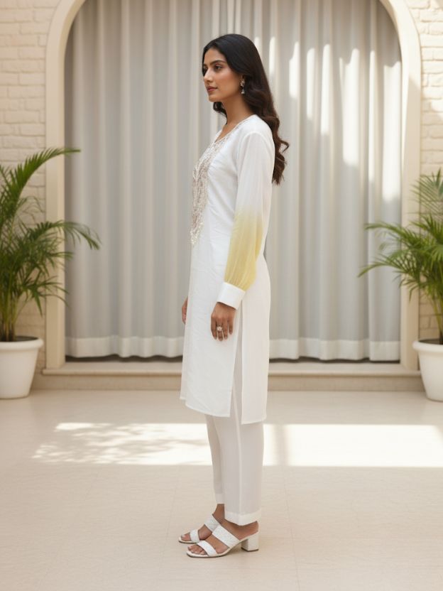 Earl Mist  Cord Set with EmbrPoidered Neckline & Yellow Ombre Sleeves Co-ord Set
