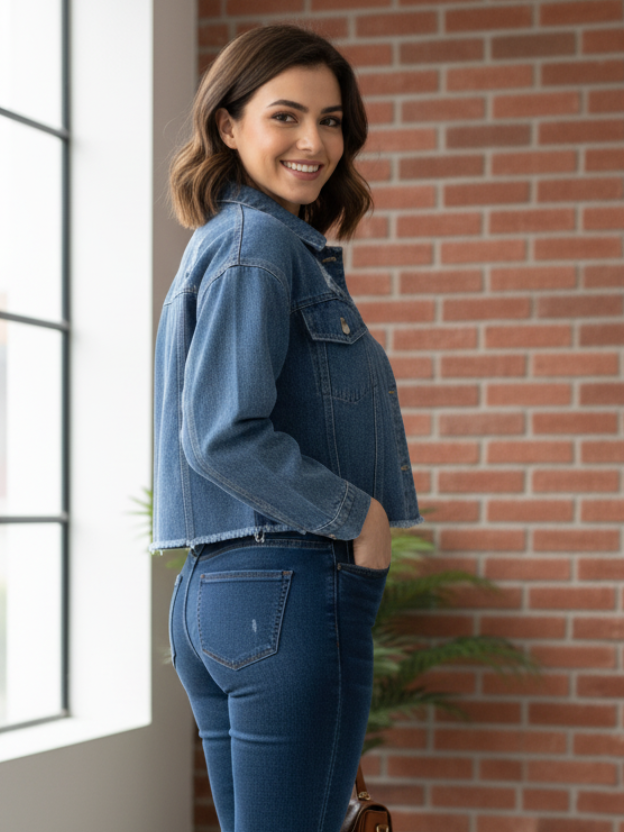 Cropped Distressed Denim Jacket