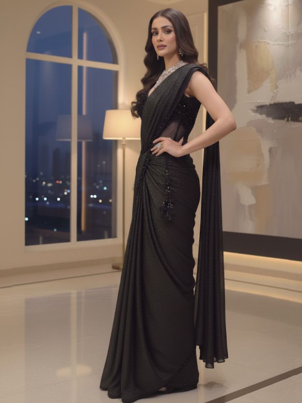 Elegants black drape saree with embellished cordset