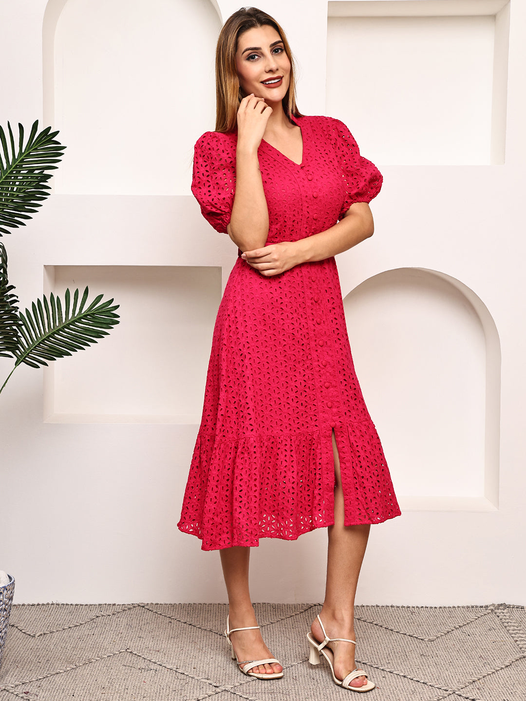 Schiffli Belted A-Line Midi Dress