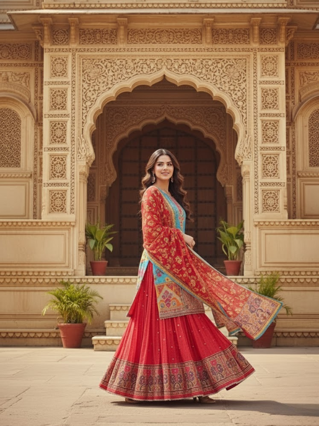 Royal Red & Blue Printed Sharara Set with Dupatta