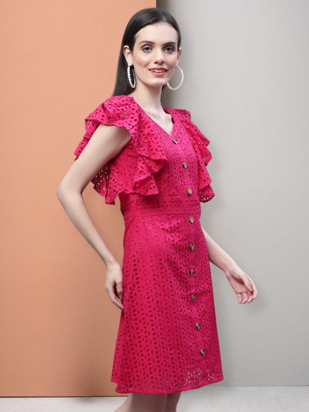 V-Neck Schiffli Ruffled A-line Cotton Dress