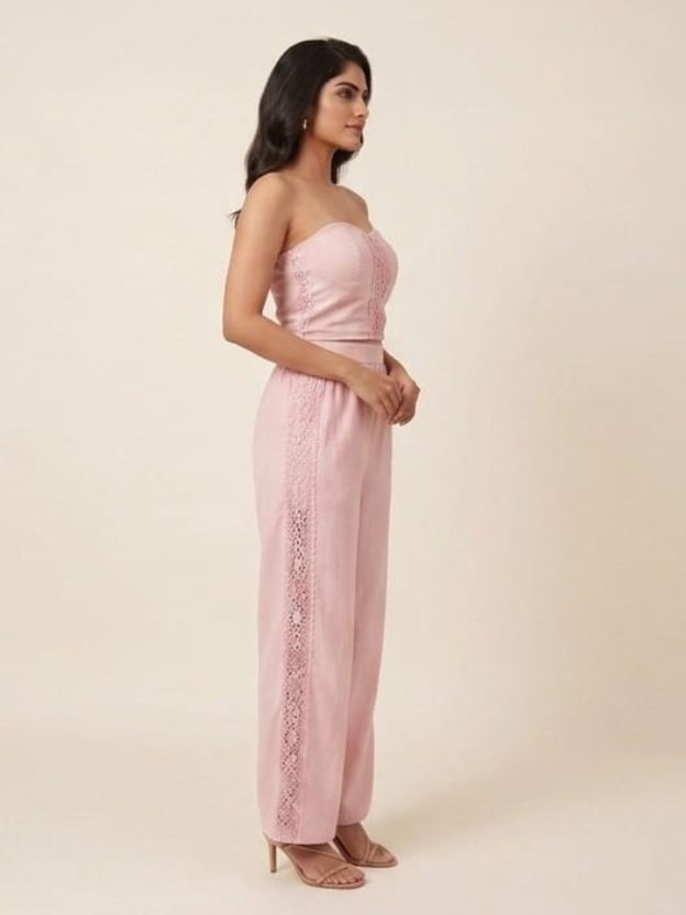 Blush Pink Lace Detail Tube Top & Wide-Leg Pants Co-ord Set - 2 Piece Summer Outfit