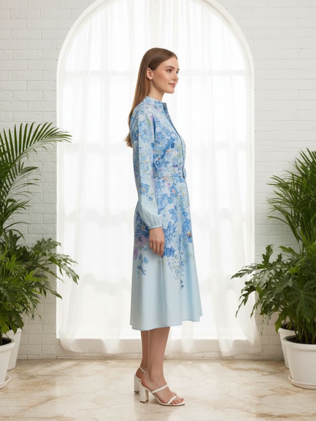 Sky Blue Floral Belted Midi Dress