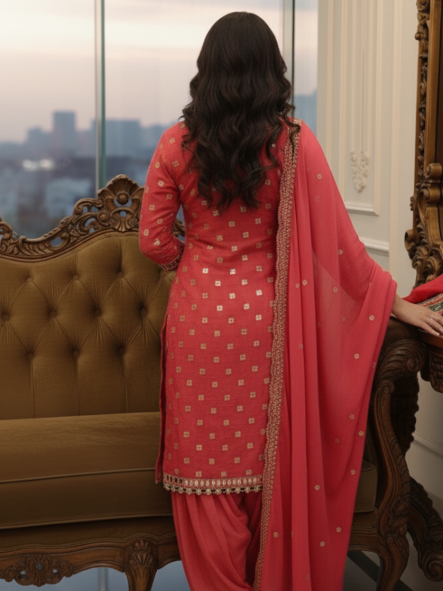 Ethnic Elegance in Coral Pink Suit