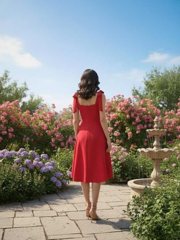 Crimson Bloom Tie-Shoulder Midi Dress