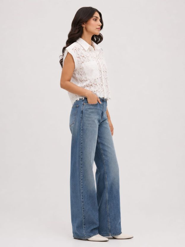 White Floral Design Lace Shirt