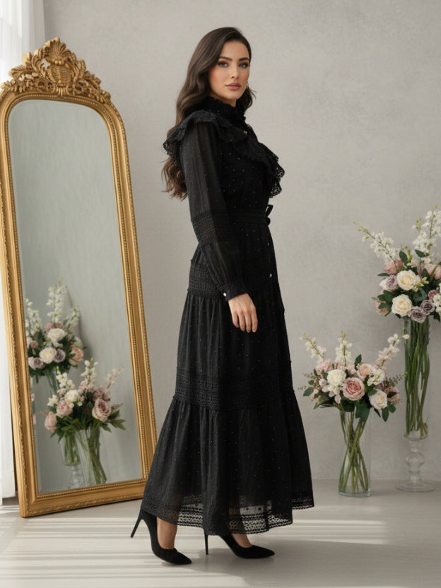 Lace Panel Tiered Midi Dress with Waist Tie