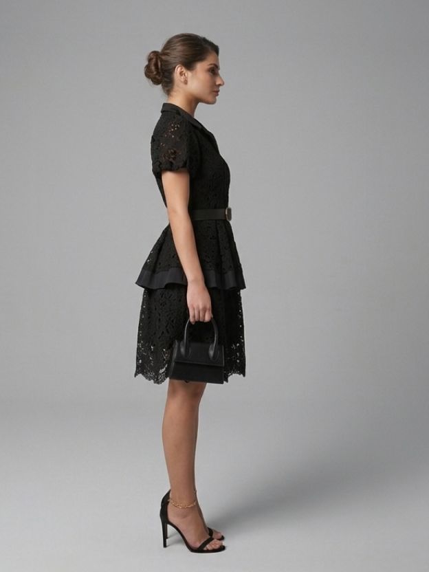 Vintage-Inspired Lace Button-Down Dress with Belt - Romantic Peplum Midi