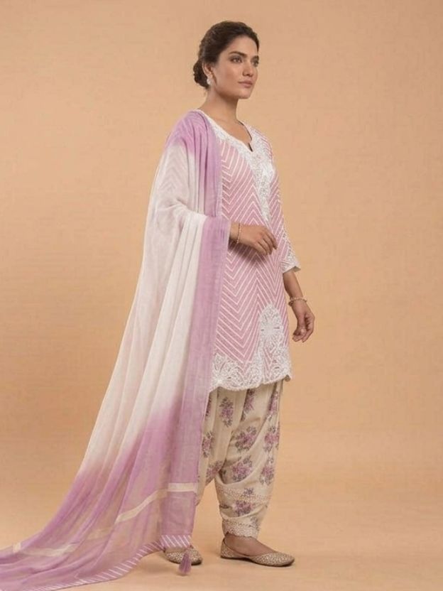 Elegant Pastel Pink Embroidered Kurta Set with Printed Salwar & Ombre Dupatta