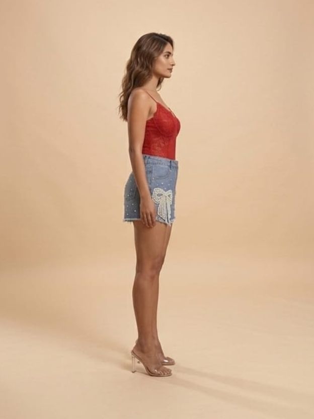 Bow Charm Embellished Denim Shorts