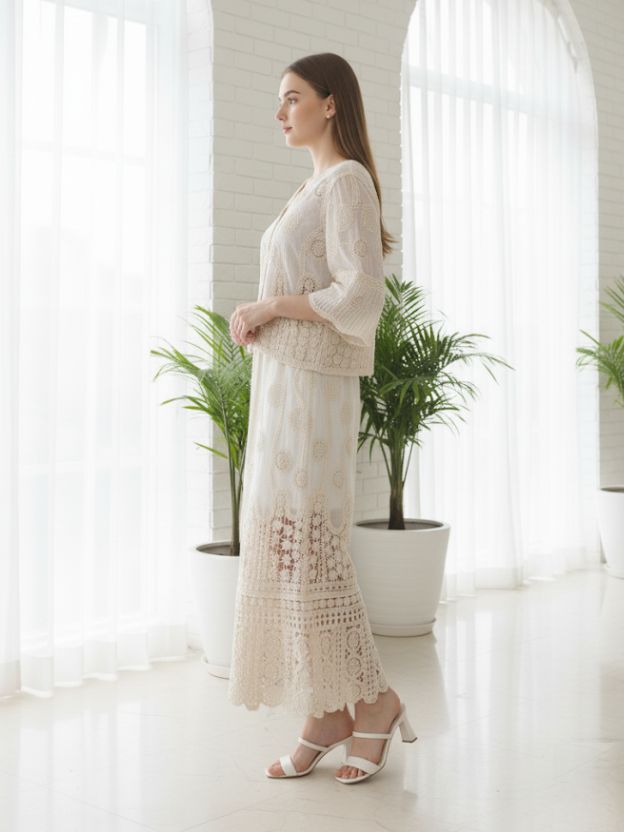 Ivory Whisper Crochet V-Neck Top with Matching Long Skirt – Co-ord Set