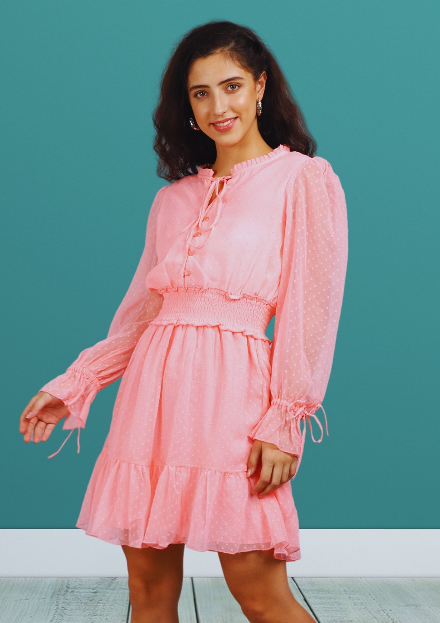 Tie-Up Neck Puff Sleeve Georgette A-Line Dress
