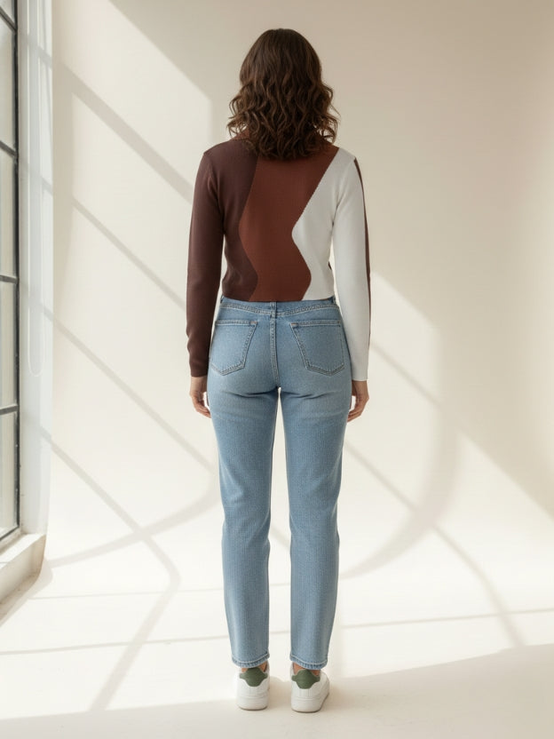 Stylish Colorblock Collared Knit Top for Women – Smart Casual Pullover