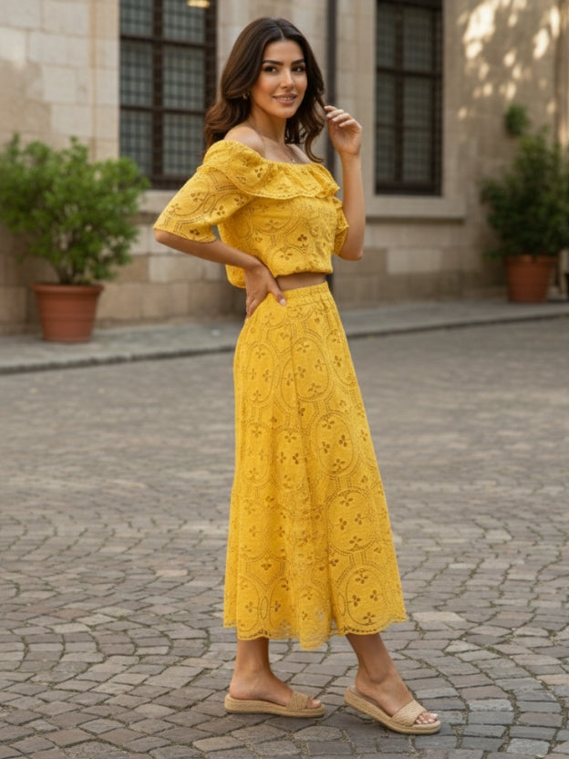Elegant Off-Shoulder Lace Midi Dress