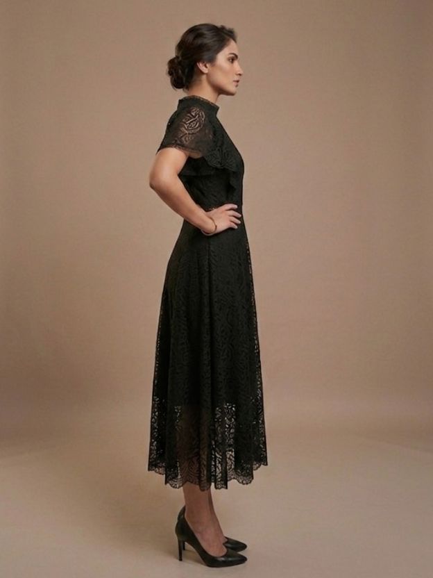 Elegant Lace Fit & Flare Midi Dress with Sheer Sleeves