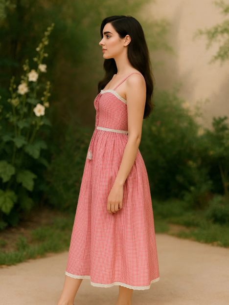 MARC LOUIS 2855 Stella Red & White Organic Cotton Laced Midi Dress