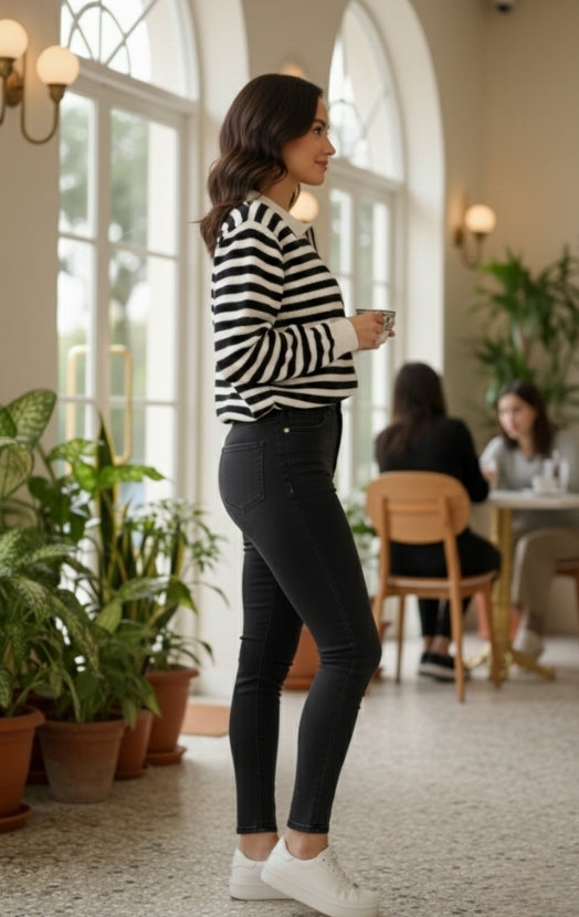 Women’s Striped Knit Polo Top – Long Sleeve Casual Chic Sweater