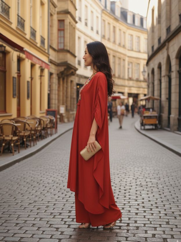 Crimson charm rust orange embroidered  kaftan