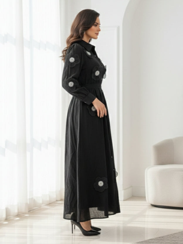 Floral Appliqué Sheer Midi Dress with Belt