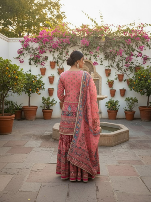 Elegant Coral Printed Sharara Set with Dupatta