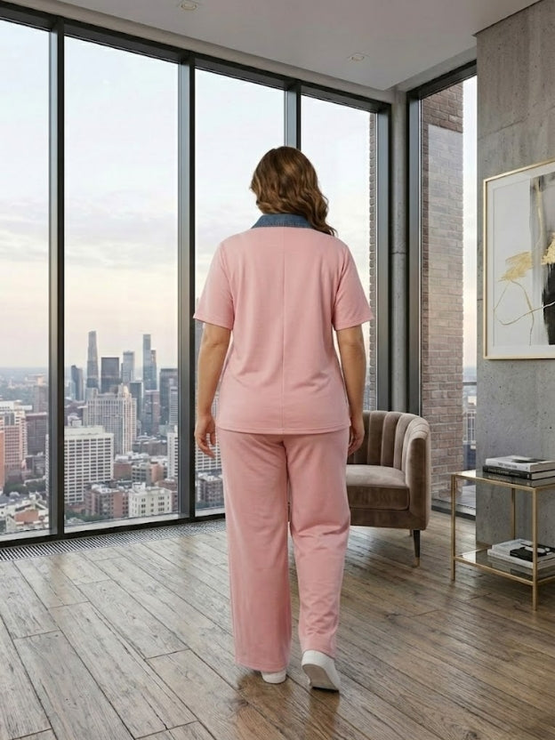 Chic Polo Collar Co-Ord Lounge Set with Wide-Leg Pants