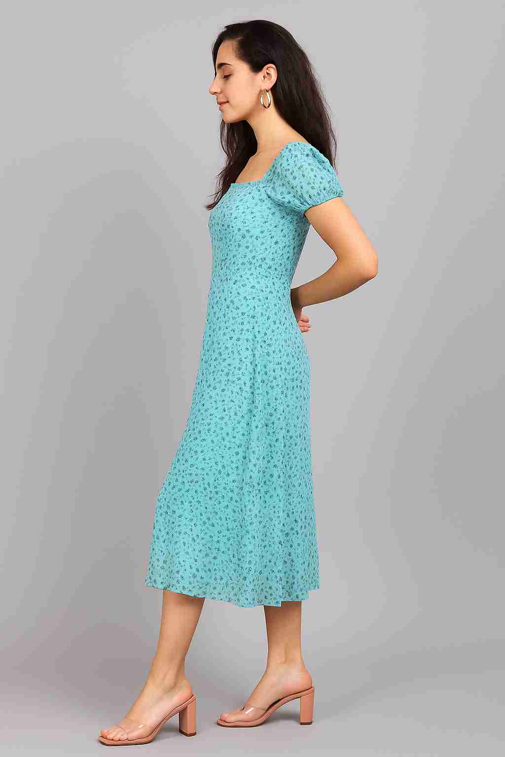 Sea Green Ethnic Motifs Georgette A-Line Midi Dress
