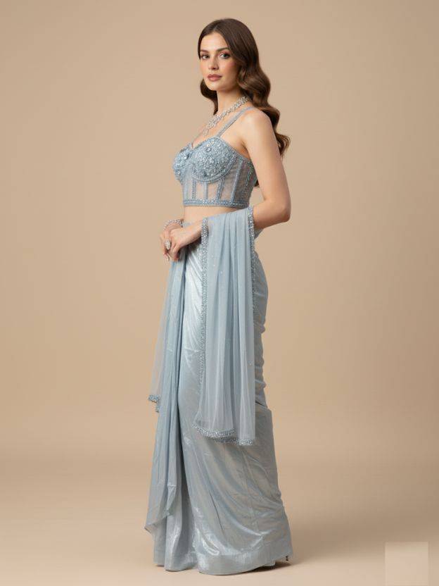 Sky blue crop top with cap and shirt