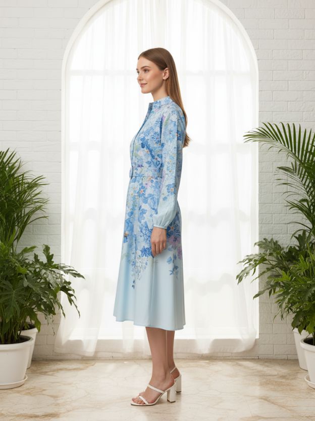Sky Blue Floral Belted Midi Dress