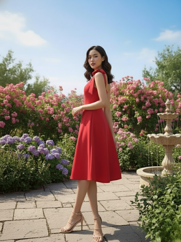 Crimson Bloom Tie-Shoulder Midi Dress
