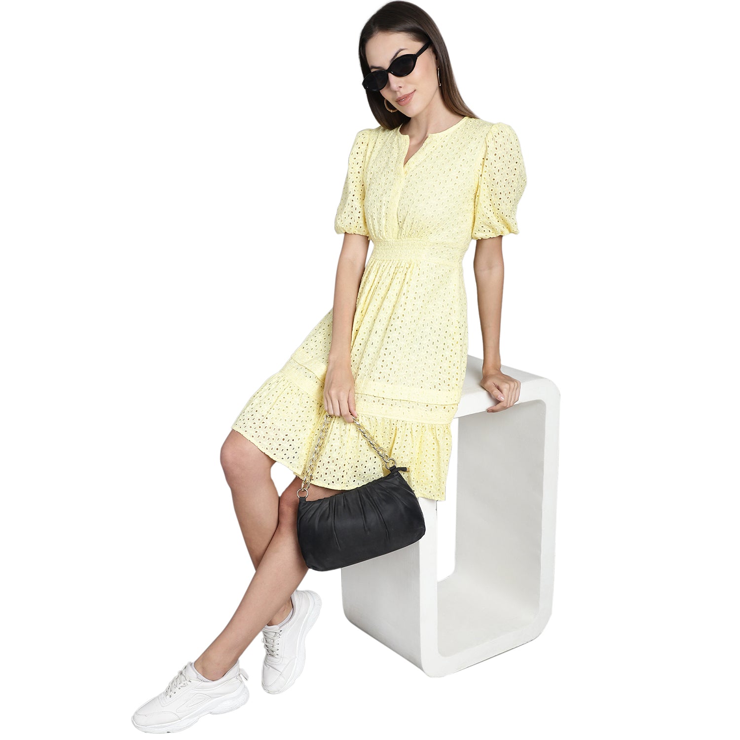 Women Embroidered Puff Sleeve Fit & Flare Dress