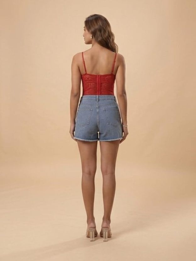 Bow Charm Embellished Denim Shorts