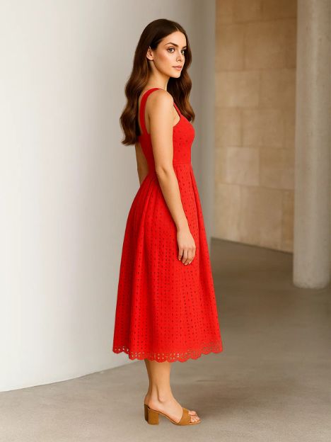 Reagan Red Organic Hakooba Schiffli Midi Dress