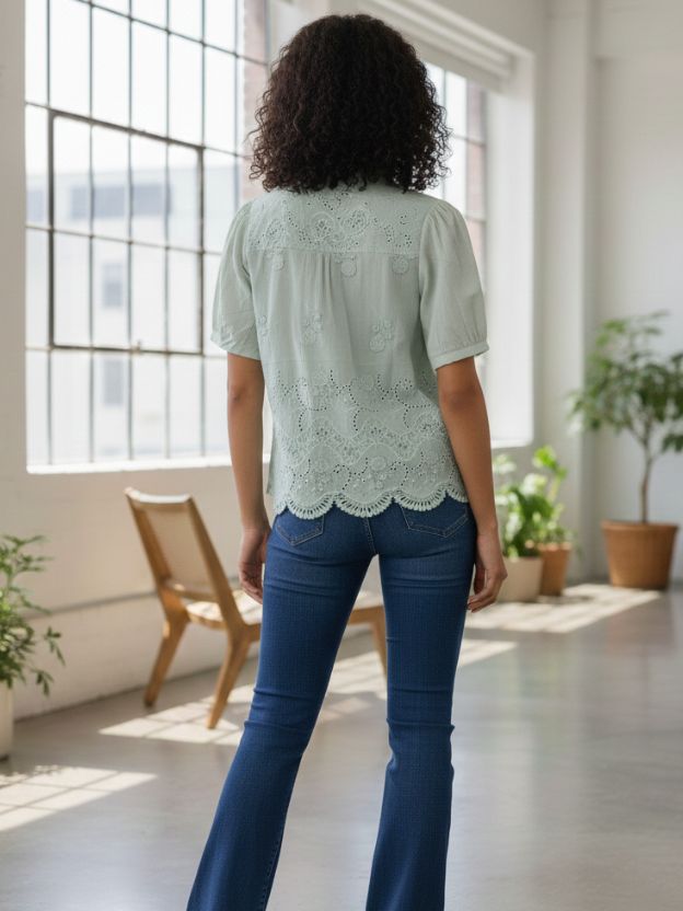 Elegant Embroidered Scalloped Hem Shirt