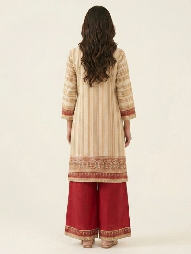 Elegant Beige & Red Ethnic Co-Ord Set with Embroidered Kurta