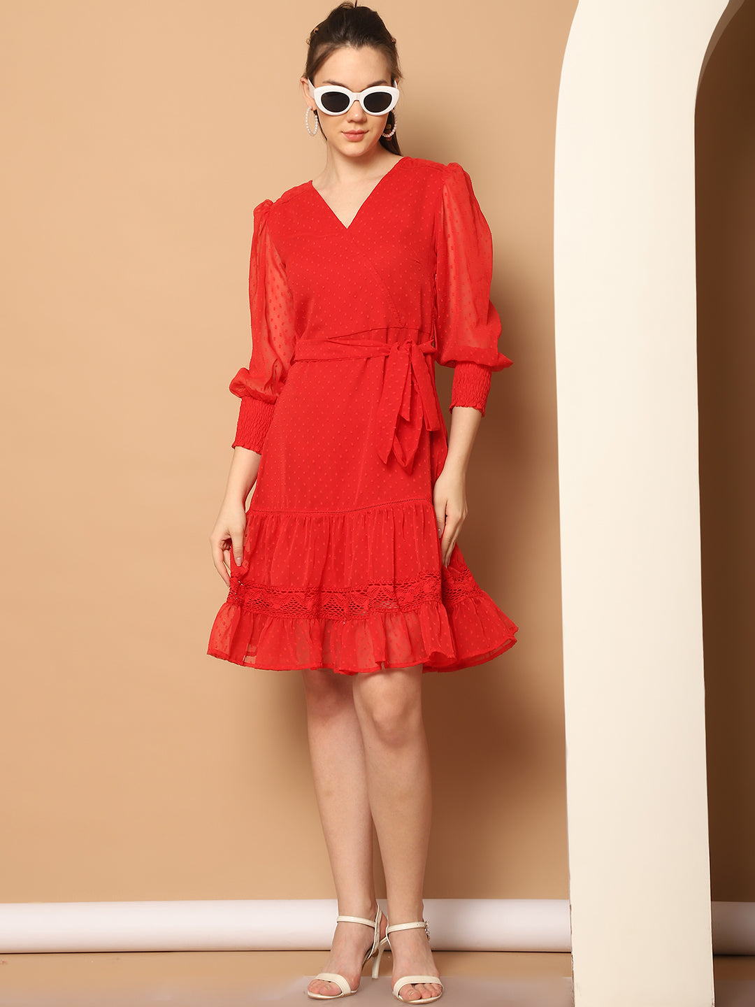 Puff Sleeve Ruffled Georgette Fit & Flare Dress