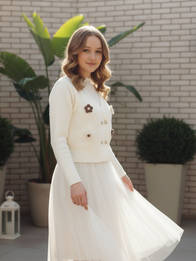 Soft knitted sweater features delicate pearl