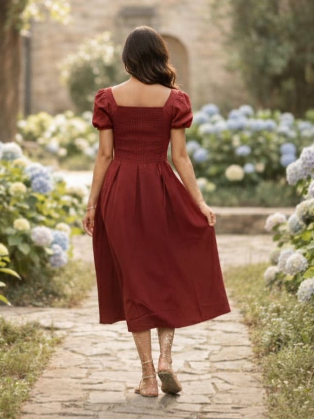 Elegant Burgundy Midi Dress for Women – Puff Sleeve Sweetheart Neckline Party Dress