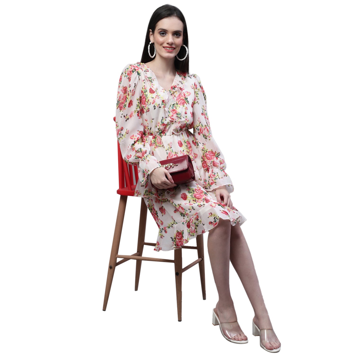 Floral Print V-Neck Bell Sleeve Ruffled Georgette Tired Fit & Flare Dress