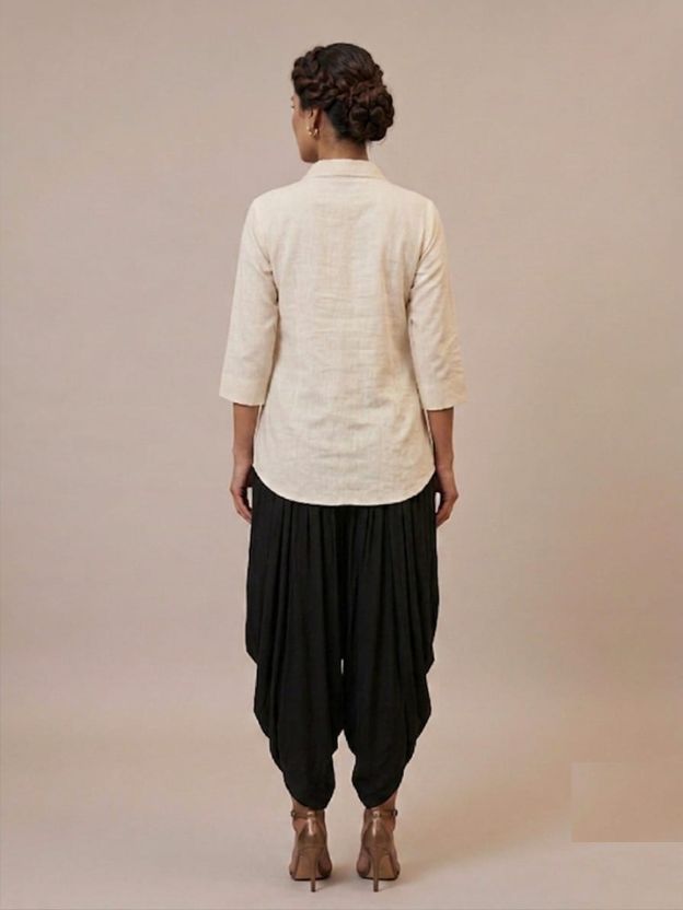 Indo-Western Harem Pant Set – Embroidered Shirt & Draped Bottoms