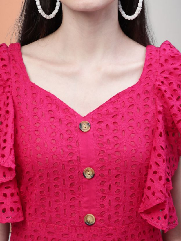 V-Neck Schiffli Ruffled A-line Cotton Dress