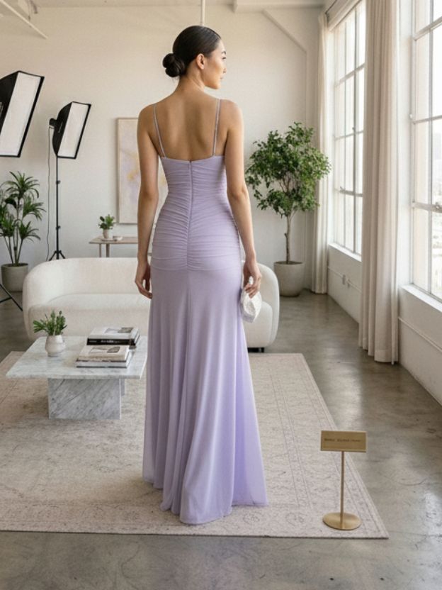 Elegant Ruched Spaghetti Strap Maxi Dress