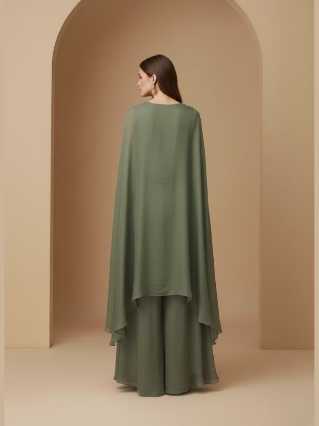 Elegant Sage Green Cape Coord Set with Floral Embroidery