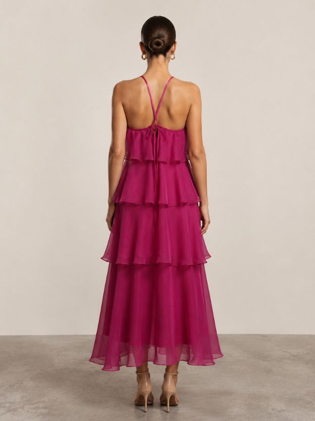 Women's Layered Organza Maxi Dress | Pink Halter Neck Party Wear Dress