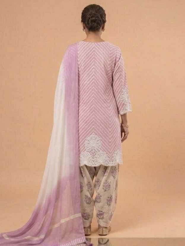 Elegant Pastel Pink Embroidered Kurta Set with Printed Salwar & Ombre Dupatta