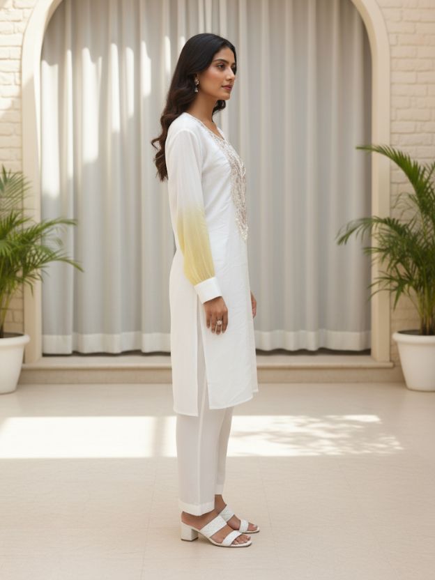 Earl Mist  Cord Set with EmbrPoidered Neckline & Yellow Ombre Sleeves Co-ord Set